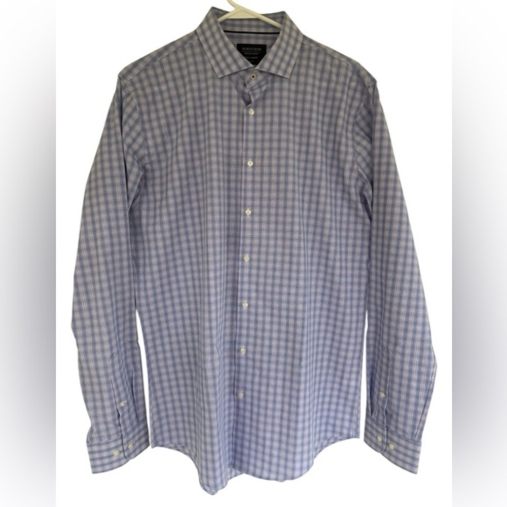 Nordstrom Men's‎ Shop Trim Fit Blue Button Down LS Blue Plaid Size 36-37 16 Neck